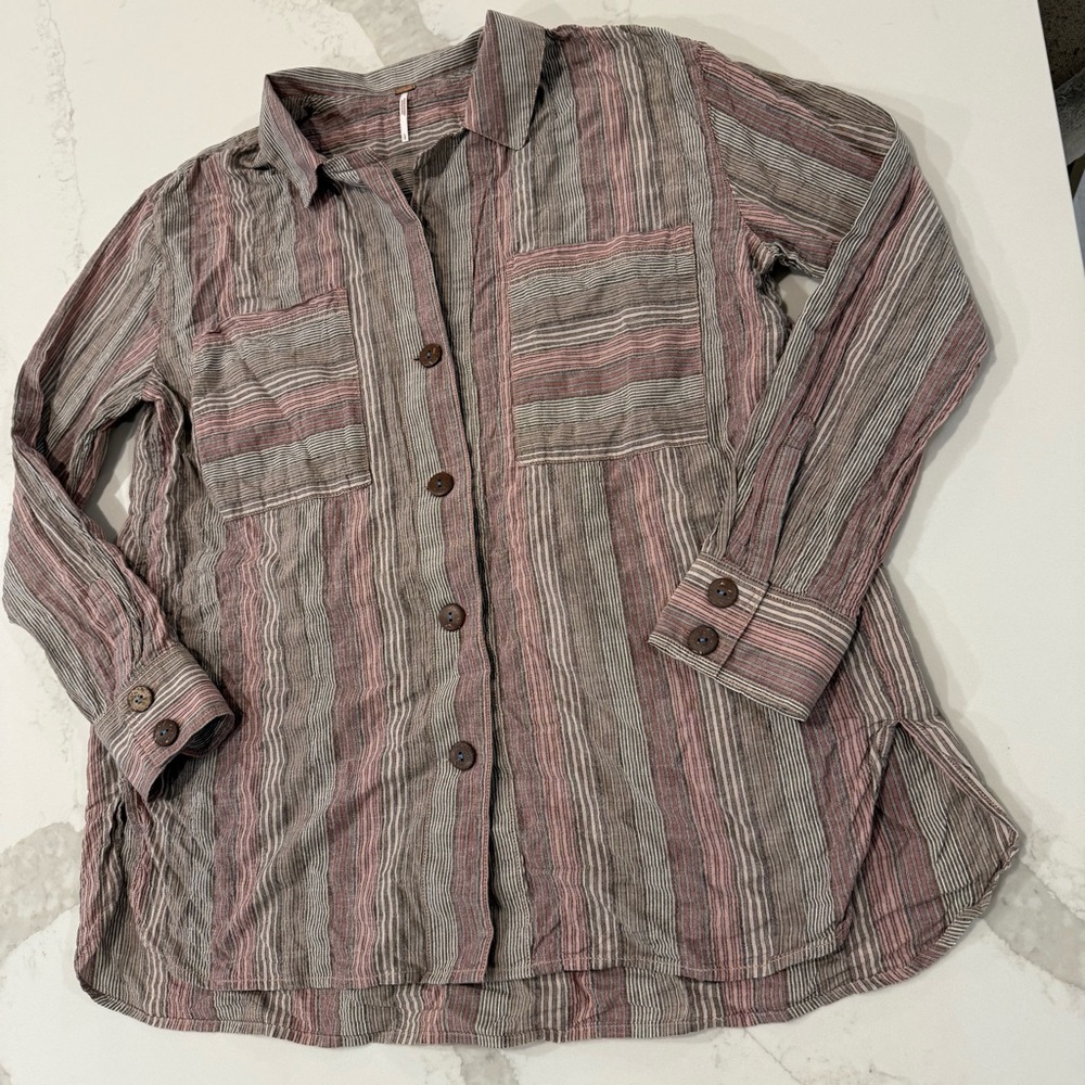Free People High Tide Pink Sands Striped Button Down Shirt Womens Large Bohemian - Picture 5 of 10